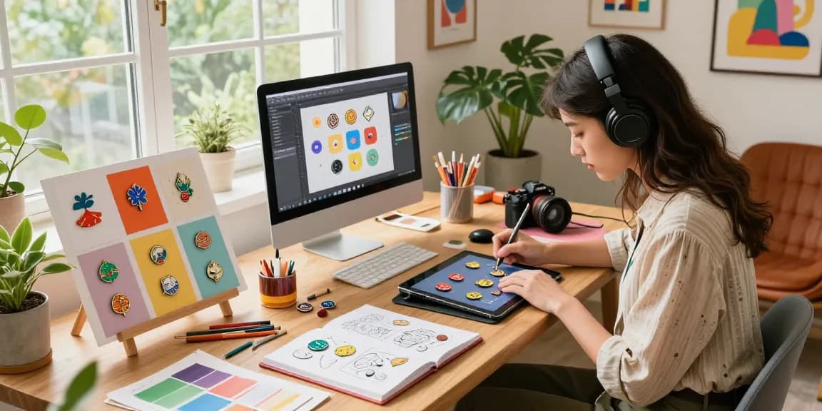Explore custom pins designs in a vibrant creative workspace.