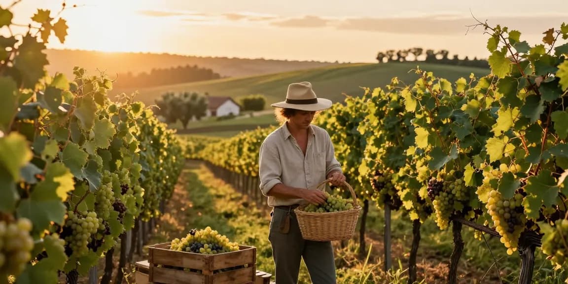 Harvesting grapes for Long Island wines in a charming vineyard.