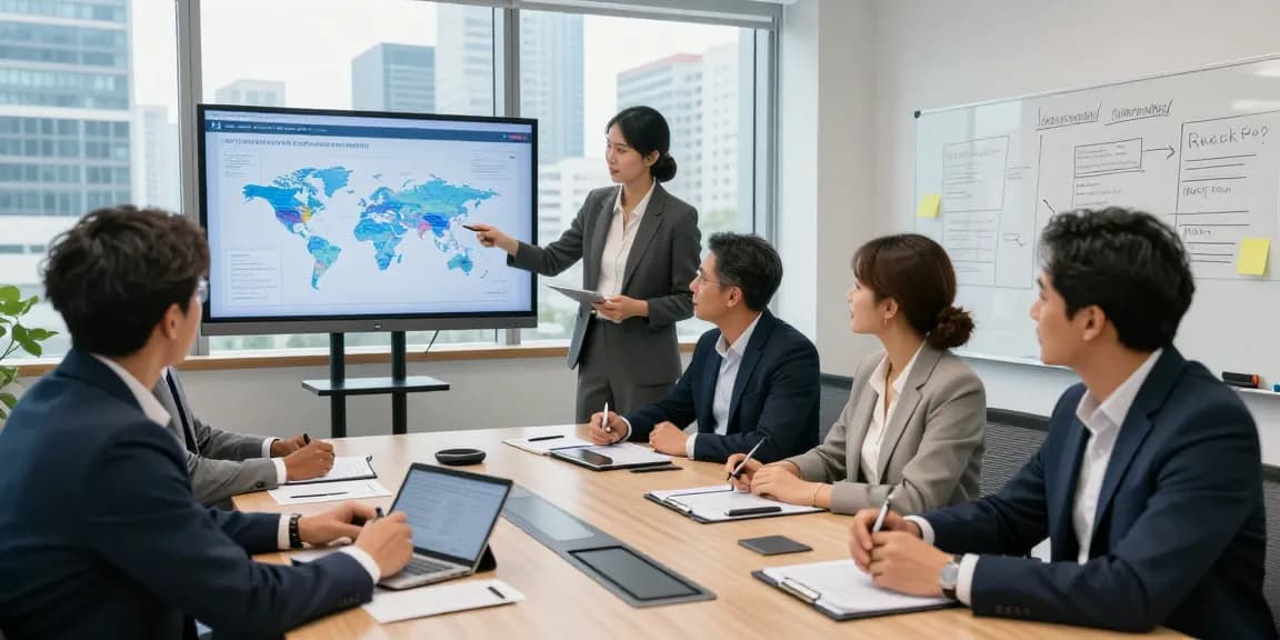 Team strategizing funding solutions for worldwide commercial project funds in modern office.