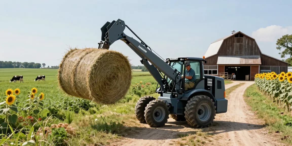 Best farm electric loader in action lifting hay bales on a sunny farm.
