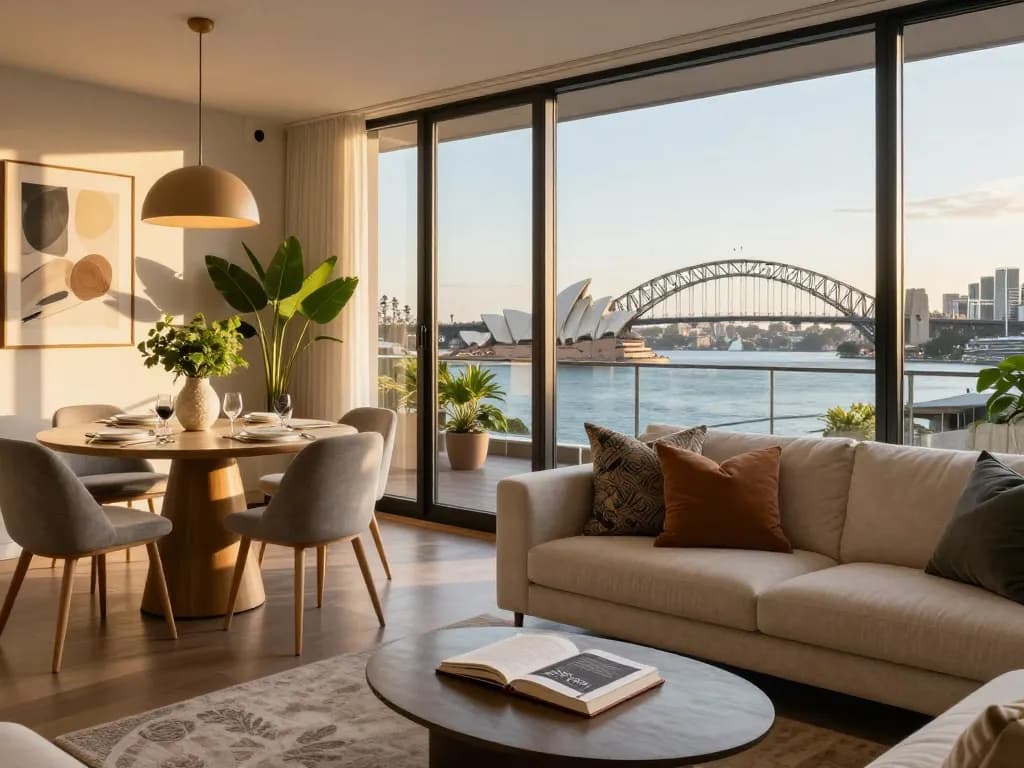 A beautifully designed Sydney apartment showcasing airbnb management sydney with modern decor, inviting atmosphere, and iconic skyline views.