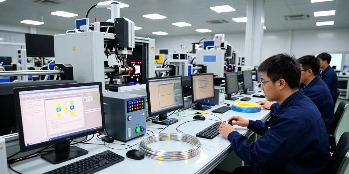 Engineer inspecting precision fc fiber assemblies in a modern optical manufacturing facility.