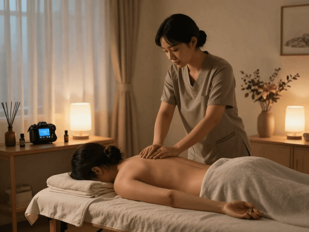 Calming home setting for 출장안마, professional therapist preparing massage with essential oils and soothing ambiance.