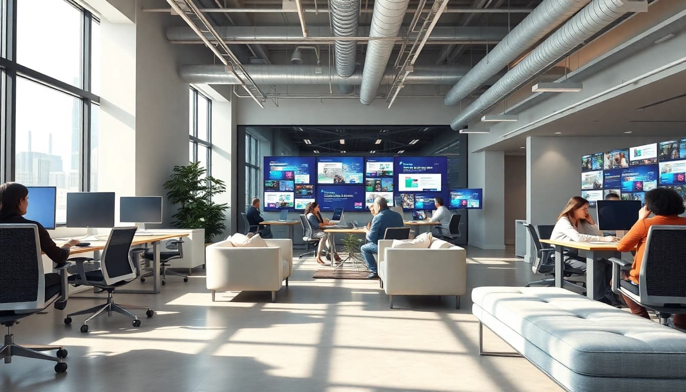 Innovative office scene of an NYC web design company showcasing creativity and collaboration.