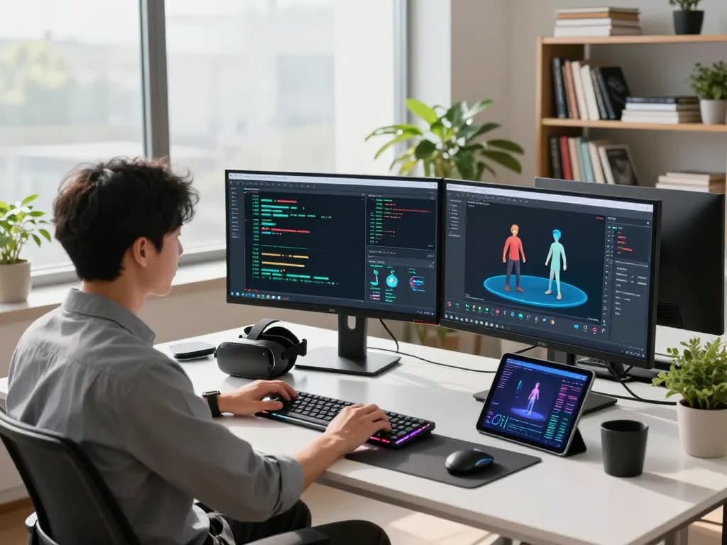 Data scientist developing mind control technology for AI motion graphics in a modern workspace