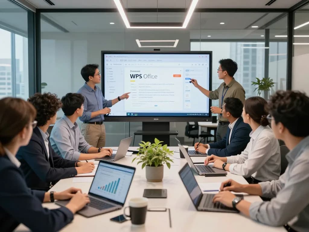 Dynamic collaborative workspace showcasing WPS官网 features in a professional setting.