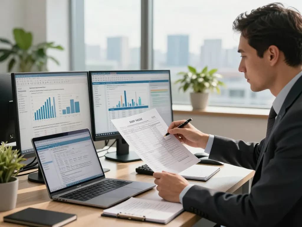 SMSF Accountant reviewing financial statements in a modern office setting.