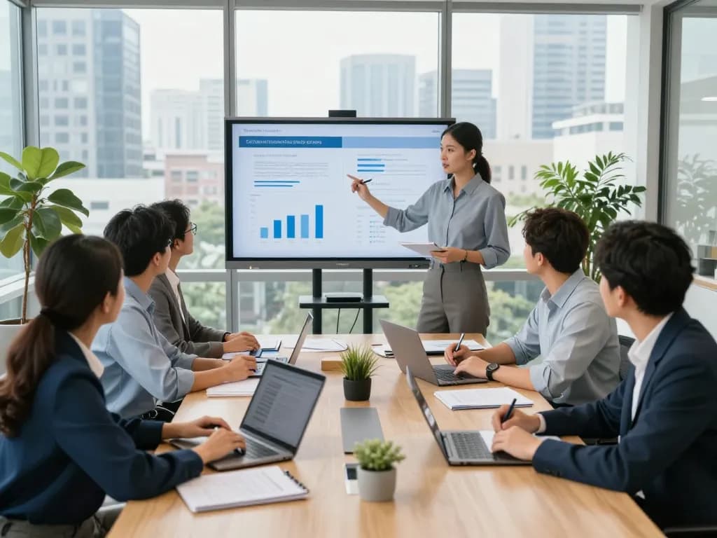 Team collaborating in a conference room illustrating staffing agencies' roles in connecting top talent with employers.