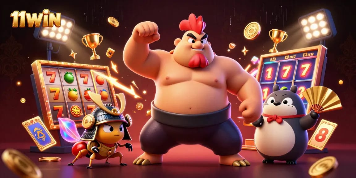 Experience the thrill of gaming at 11WIN with dynamic slot reels and vibrant characters.