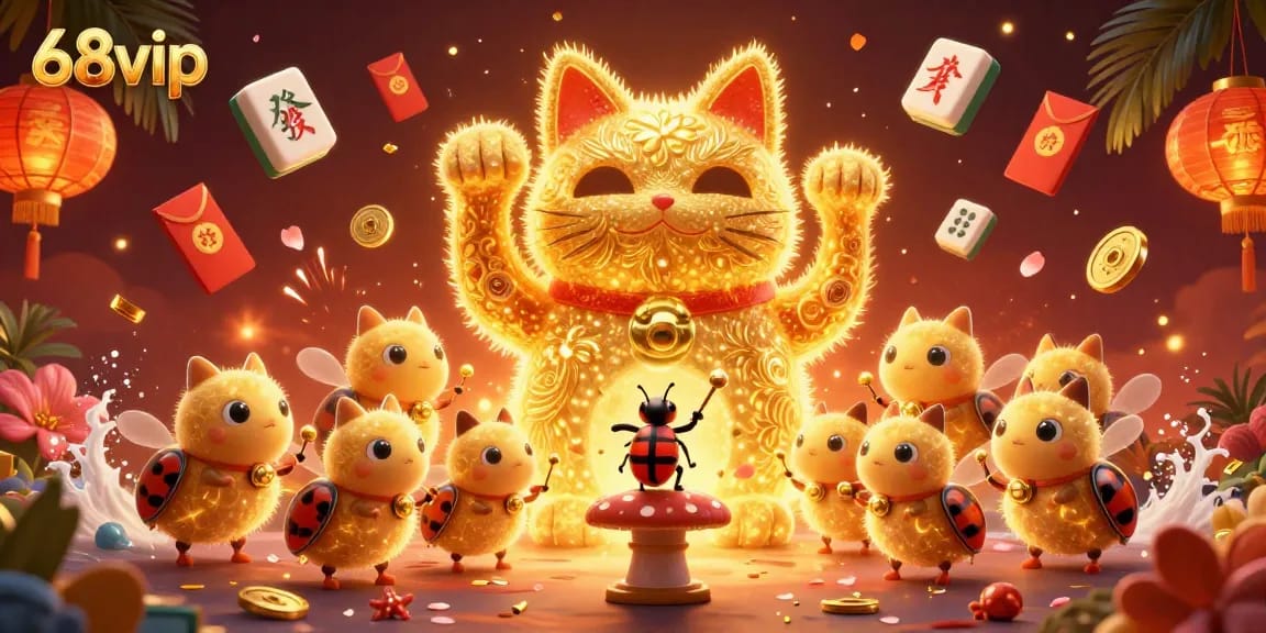 Experience the thrill of 68vip casino with this vibrant illustration of a lucky cat and casino symbols.