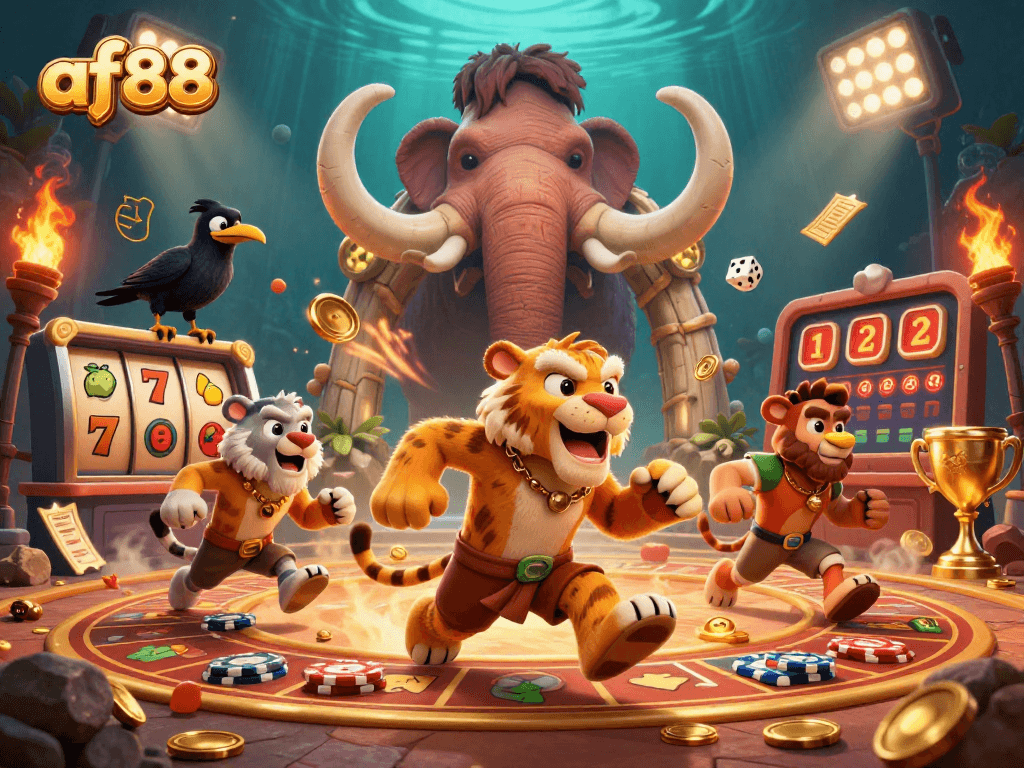 Experience the exciting world of af88 with animated characters enjoying a dynamic prehistoric casino scene.