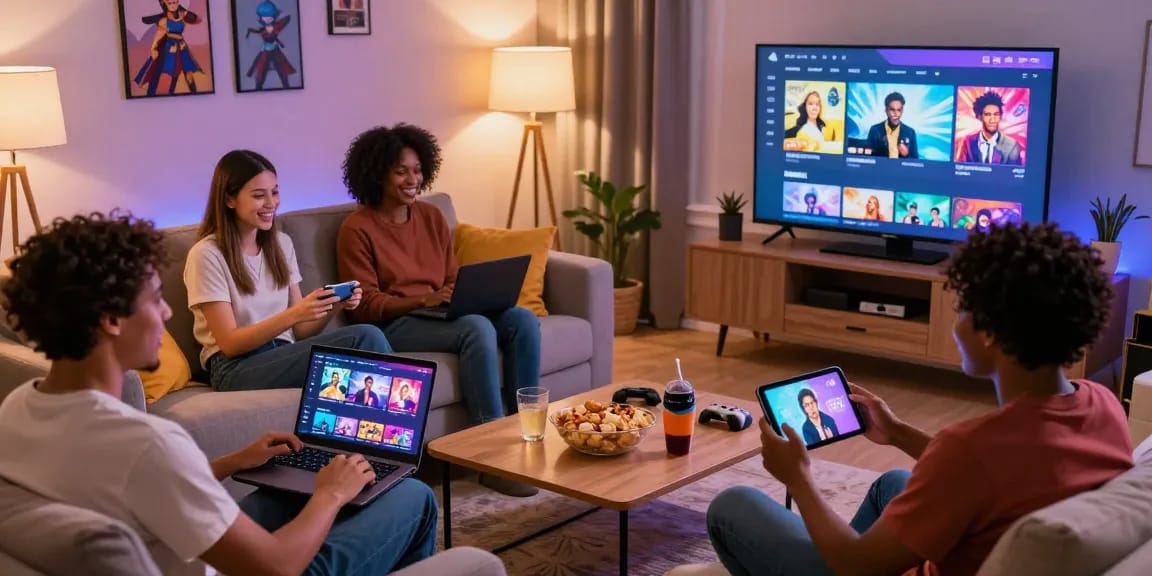 Enjoying porn games online together in a cozy living room setting with various devices.