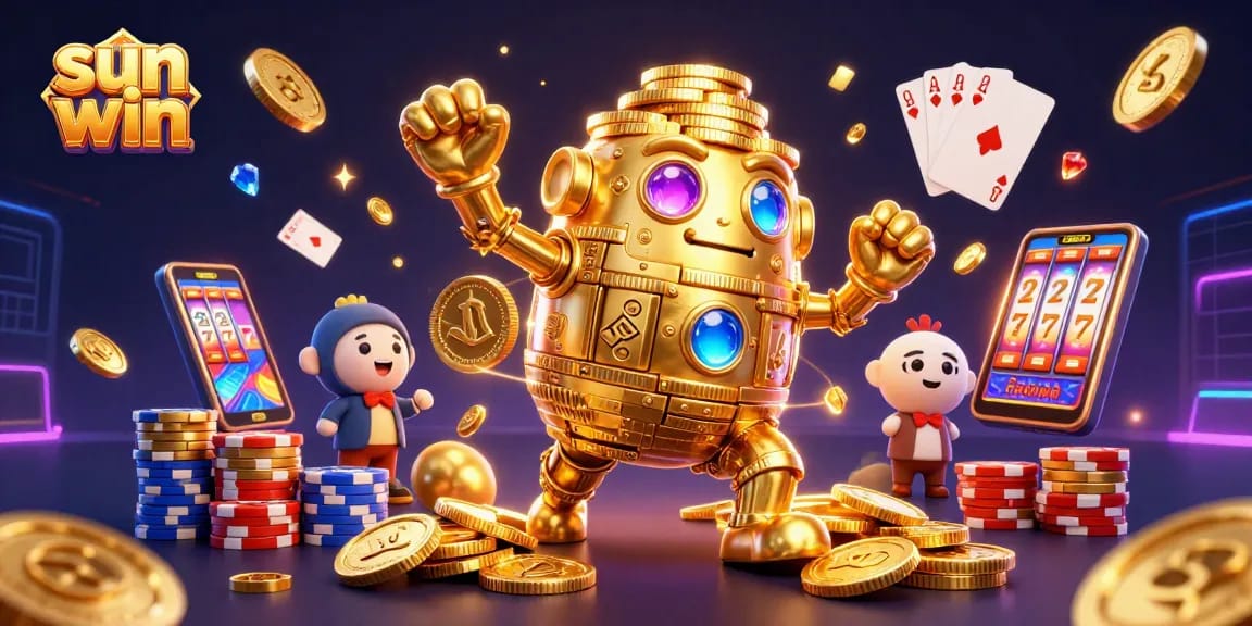 Experience sun win's excitement with a dynamic golden golem and vibrant casino elements.