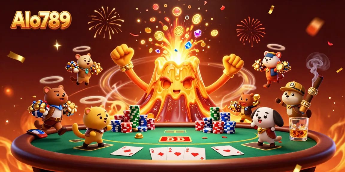 Alo789 showcases a triumphant golden volcano erupting treasure in a lively casino scene.