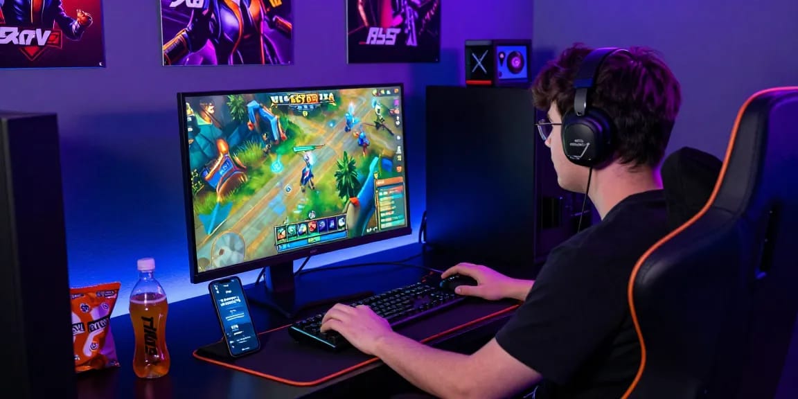 JURAGANBOLA gaming setup with vibrant Slot88 interface, ambient lighting, and gaming peripherals.