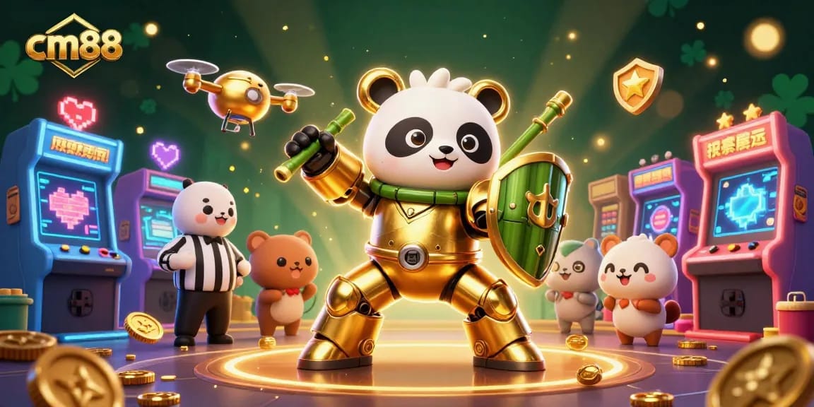 Experience thrilling gameplay at cm88 with 3D golden panda piloting a robot in a vibrant casino arena.
