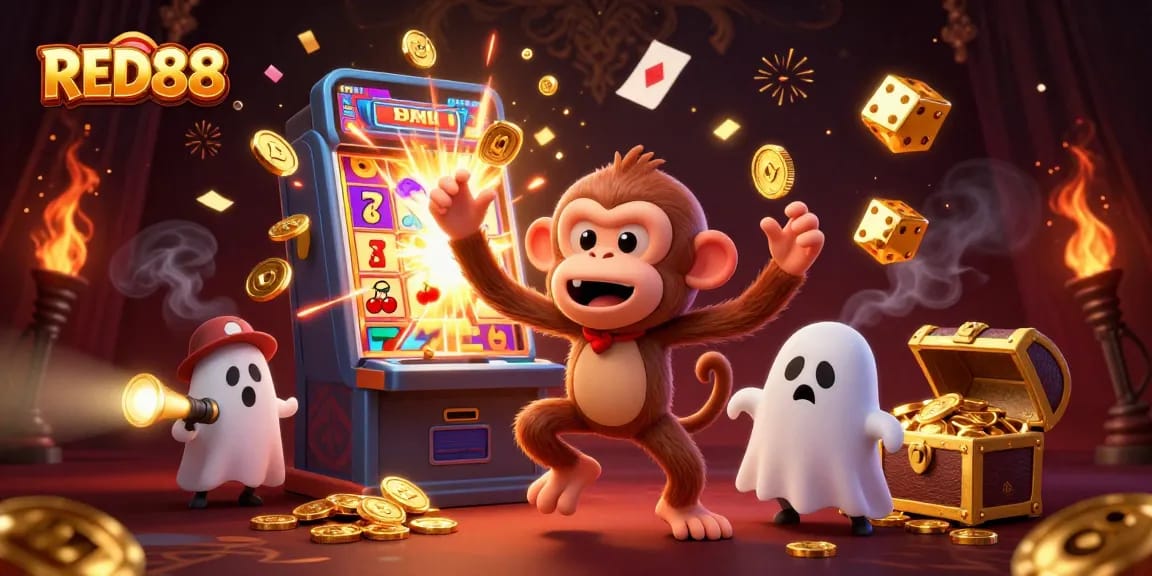 Experience excitement at RED88 with a playful monkey and ghost-hunter puppy in a vibrant casino setting.