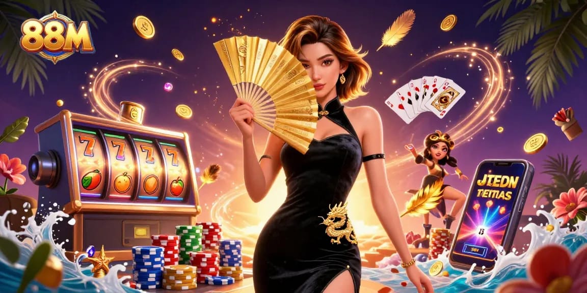Experience thrilling gaming at 88M with spinning slot reels, glamorous characters, and vibrant jackpots.