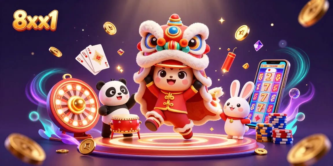 Engage in exciting gaming experiences at 8xx1 with lively characters, vibrant colors, and casino elements.