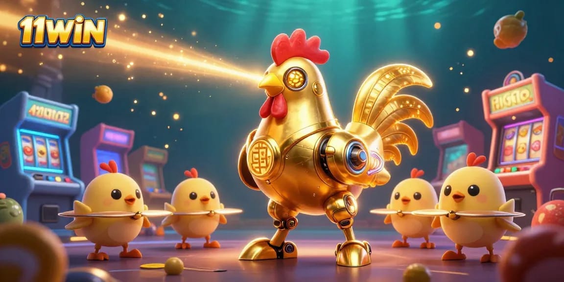 Experience the excitement of 11WIN with a golden rooster robot and vibrant slot games.