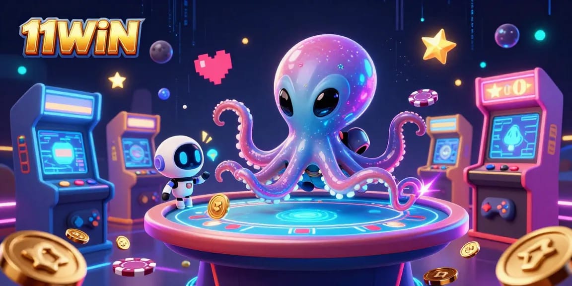Win big with 11WIN in this vibrant 3D casino scene featuring a playful alien octopus.