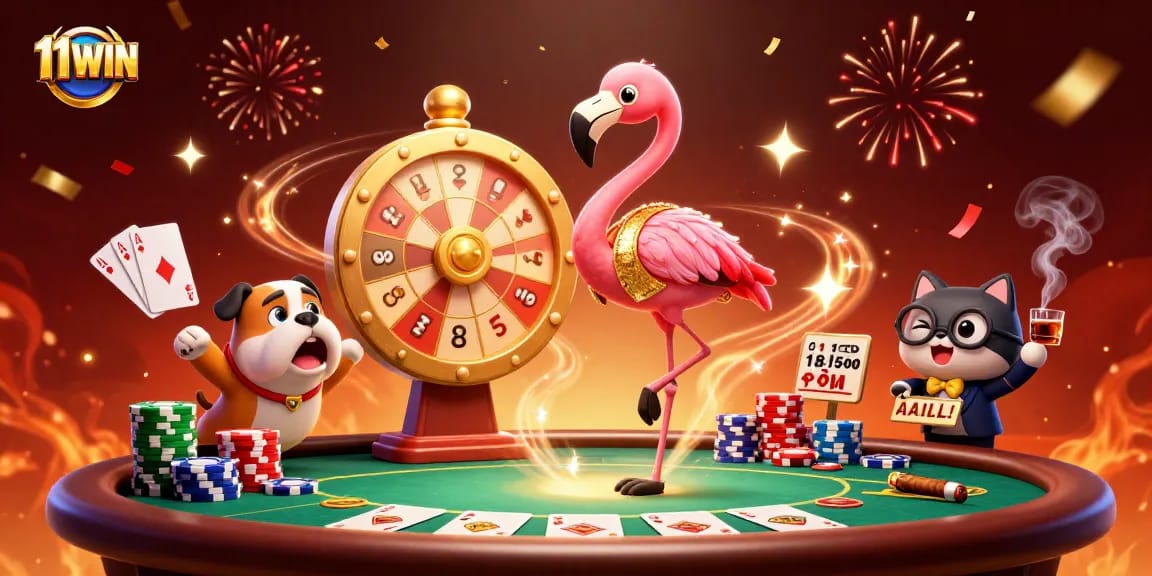 Spinning the golden prize wheel at 11WIN, a lively scene of a flamingo host and bulldog contestant.