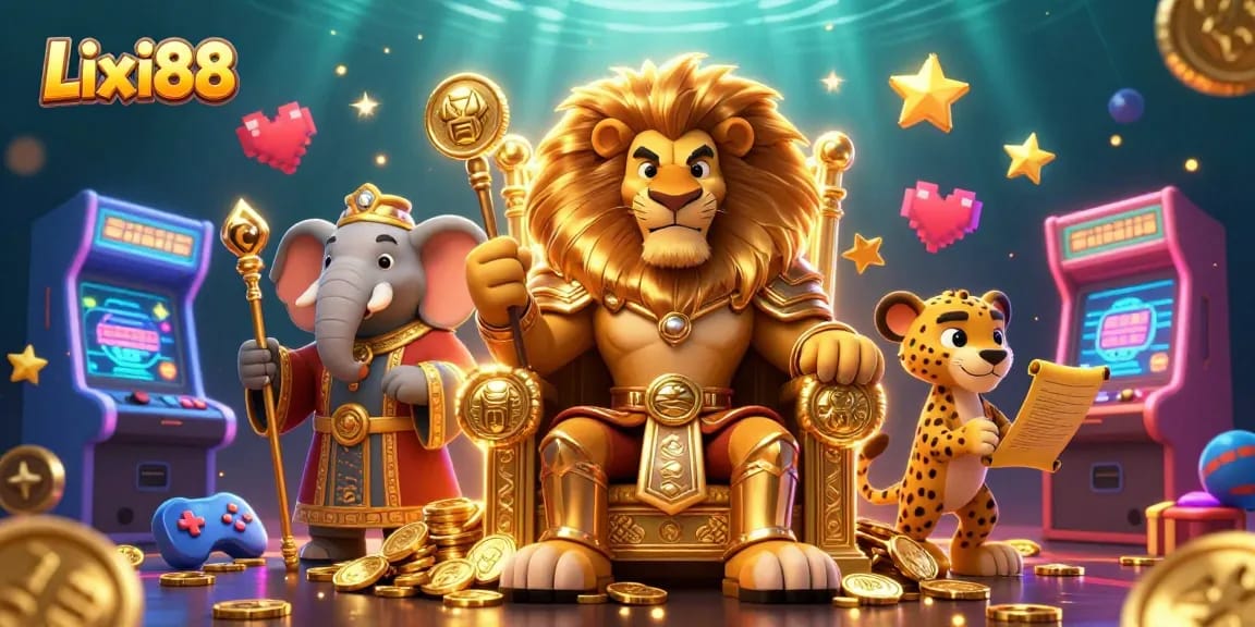 Lixi88 casino illustration with a lion king, elephant advisor, and cheetah messenger excitingly interacting in a vibrant gaming scene.