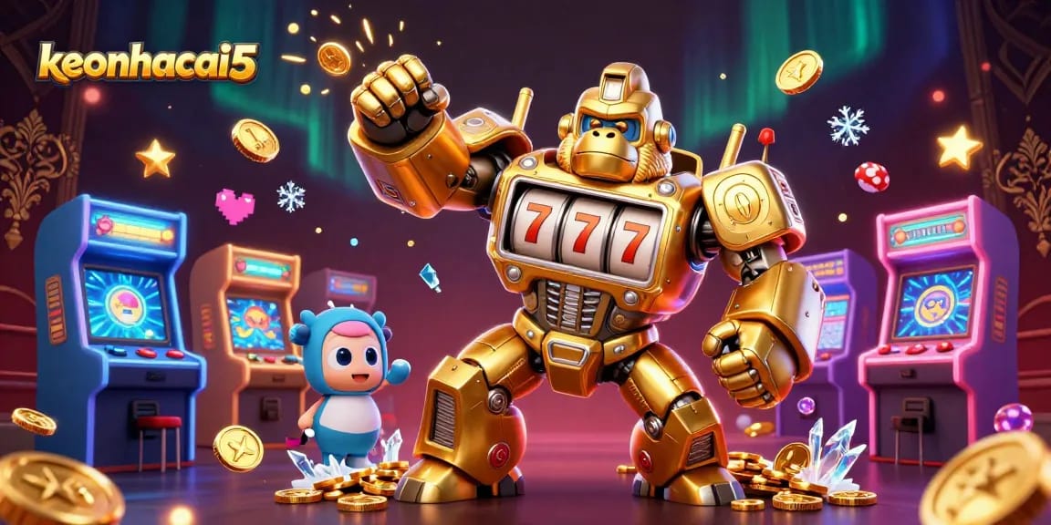 Experience the excitement of keonhacai5 with this dynamic casino-themed illustration featuring a golden gorilla mech.