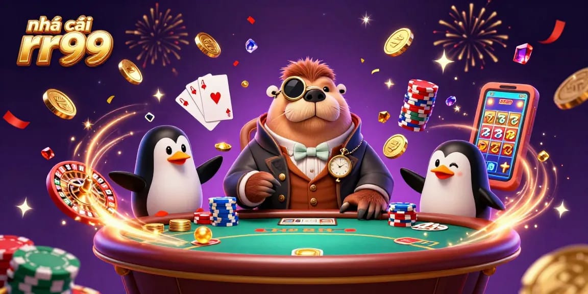 Engage with nhà cái rr99 at an exciting underwater poker game featuring a walrus, penguin dealer, and pufferfish.