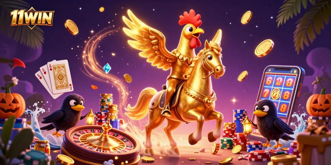 Experience the vibrant 11WIN casino adventure with golden coins, a rooster hero, and lively crows.