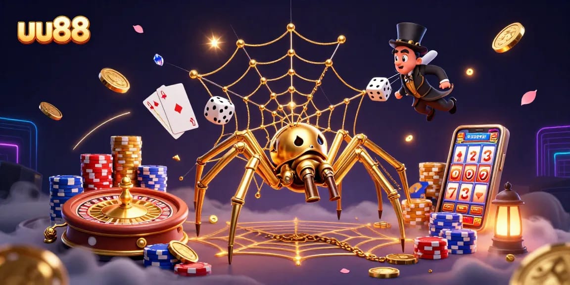 uu88 slots illustration showing golden spider and dice in a vibrant casino scene