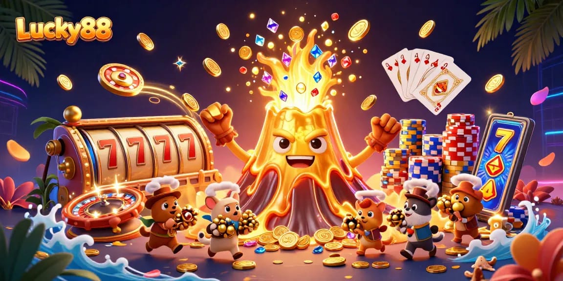 Win big with Lucky88 as a golden volcano erupts treasures, showcasing the thrill of online slots.