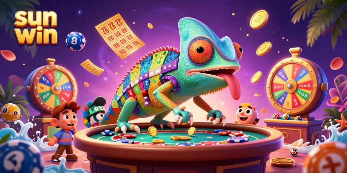 Engage in exciting gameplay with sun win's vibrant casino atmosphere featuring dynamic lottery balls and a chameleon host.