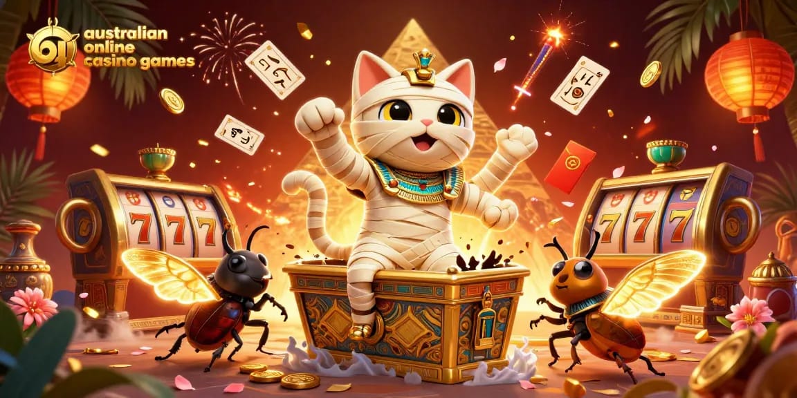 Experience thrilling australian online casino games with vibrant mummy cat and exciting slot reels.