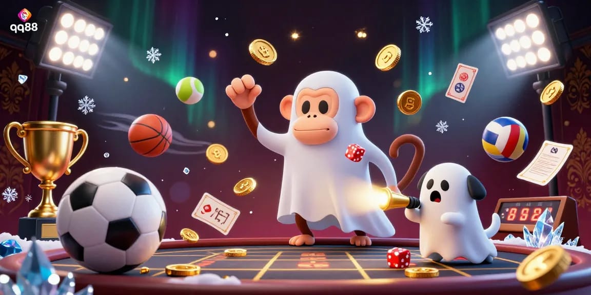 Engage with QQ88's juggler monkey and ghost-hunter pup in this dynamic casino illustration.