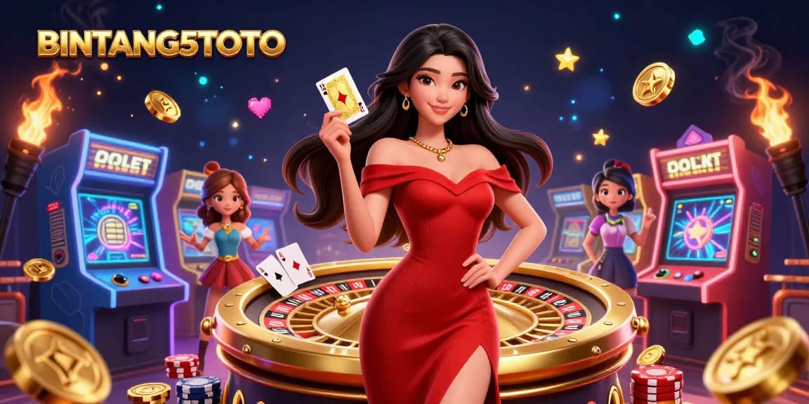 BINTANG5TOTO showcases a vibrant casino scene with a confident young Asian woman holding a playing card beside a roulette wheel.