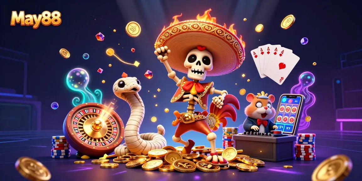 Engage in thrilling May88 gaming with a vibrant casino scene featuring lucky symbols and lively characters.