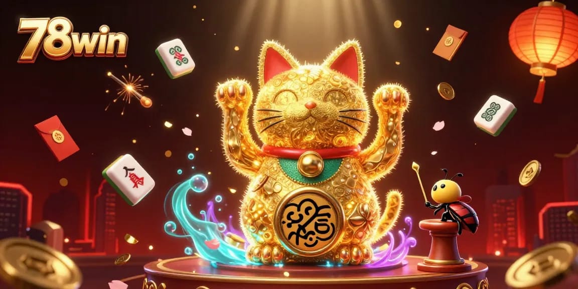 Experience the excitement of 78win with a vibrant illustration of a lucky cat and vibrant casino elements.