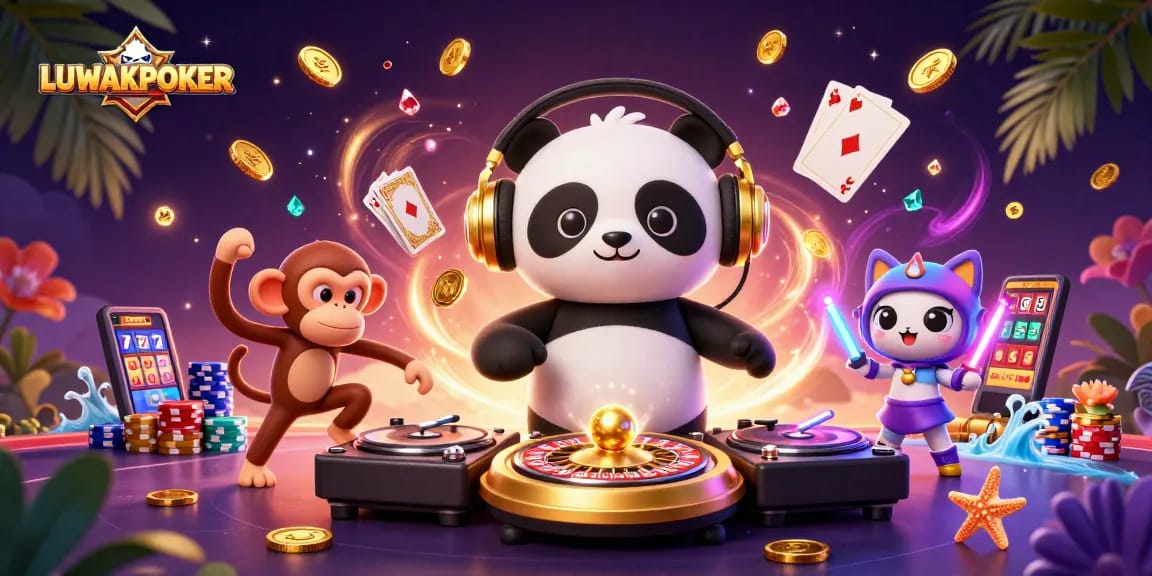 Engage with LUWAKPOKER's thrilling games while witnessing a vibrant casino party scene.