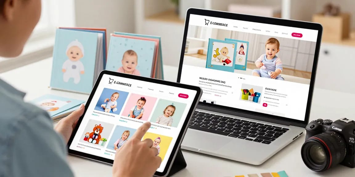 Shopware Shops online shopping interface featuring baby albums, milestone cards, and gift ideas.