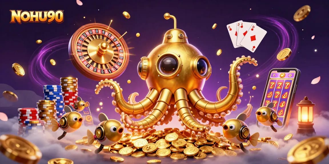 Experience the excitement of NOHU90 as the golden kraken submarine navigates a treasure-filled casino scene.