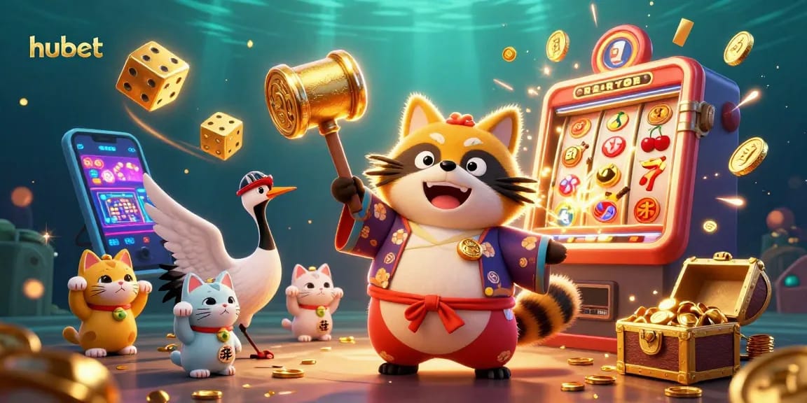 Experience hubet's exciting jackpots with a lively scene of a lucky tanuki, fortune cats, and thrilling casino elements.