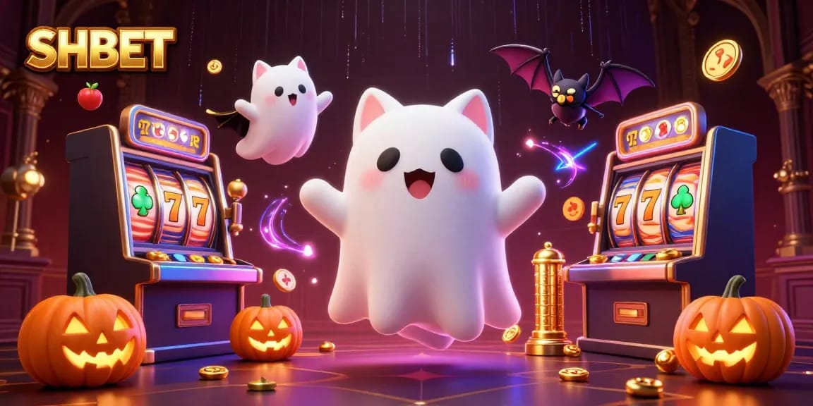 Experience the thrill of slot gaming at SHBET with a ghost cat, vampire bat, and glowing jack-o-lanterns.