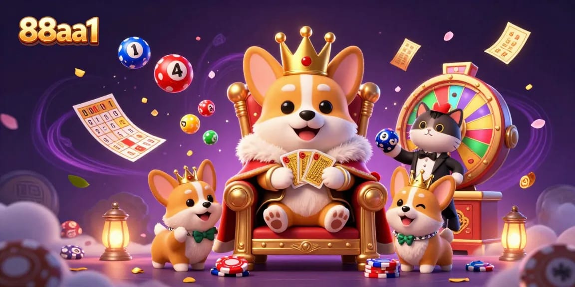 Experience the excitement of 88aa1 with a royal corgi on a poker chip throne amid vibrant casino elements.