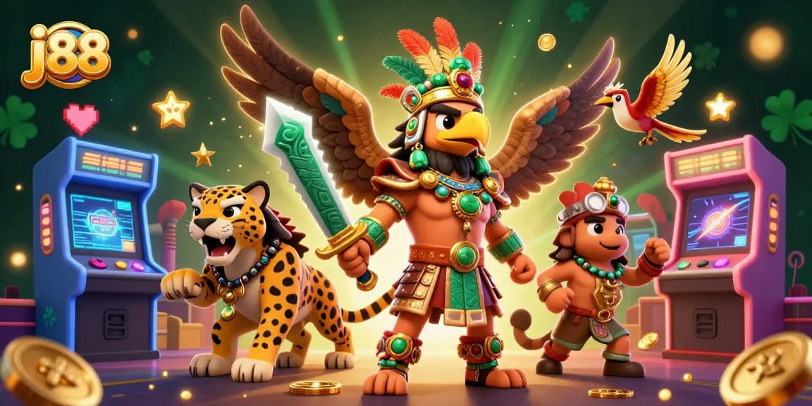 Engaging j88 online casino scene with Aztec warriors, gaming elements, and vibrant visuals.