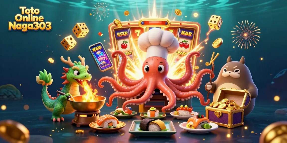 Experience the excitement with Toto Online Naga303 featuring a vibrant 3D celebration of casino games and characters.