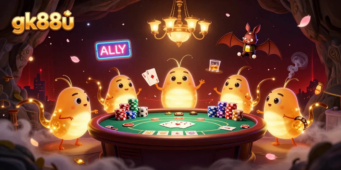Experience the thrill of gk88u with glowworms lighting up a vibrant cave casino scene filled with poker action.