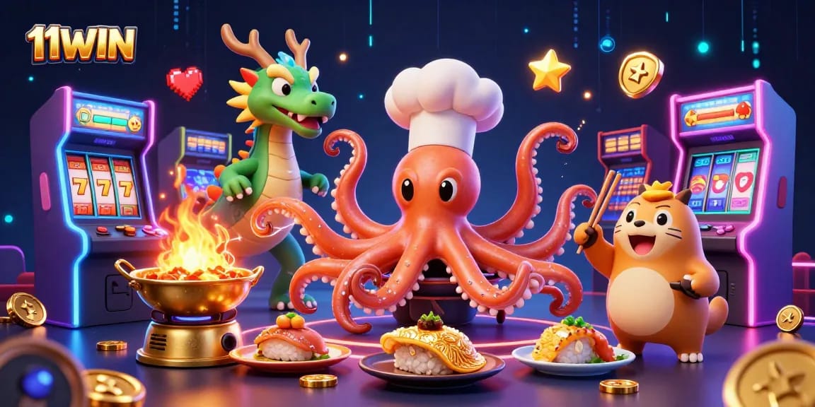 Engage with 11WIN in a vibrant 3D casino scene featuring delightful characters and arcade games.