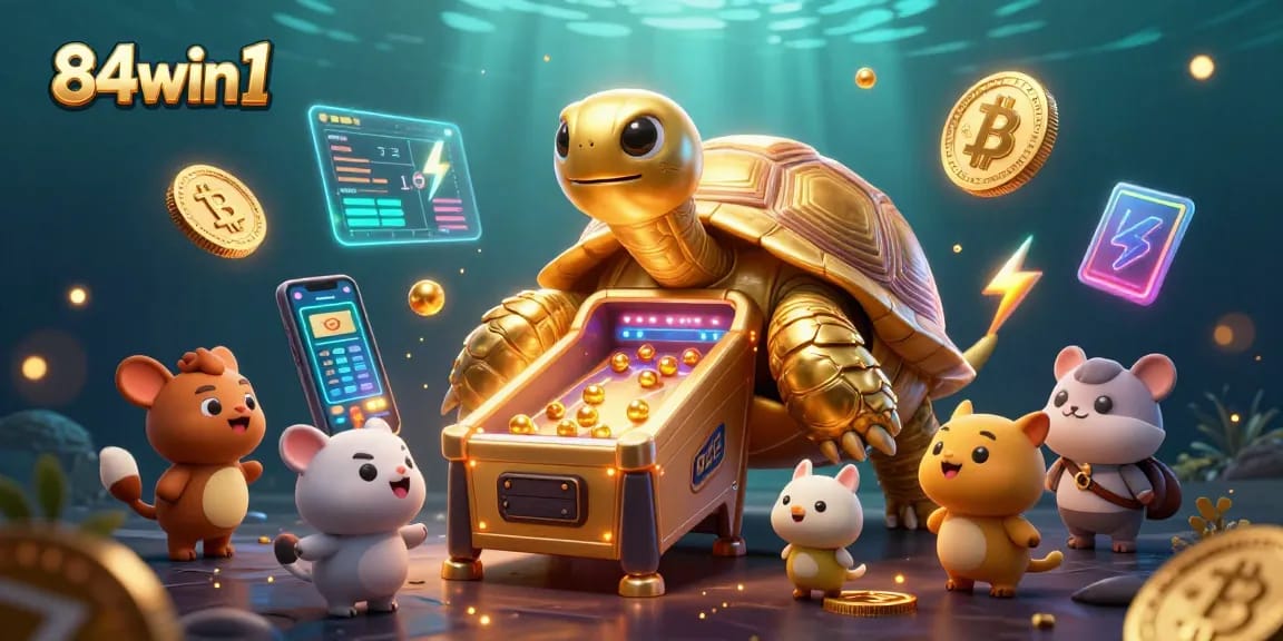 Experience the excitement of 84win1 with a vibrant 3D illustration of a colossal golden tortoise pinball machine.