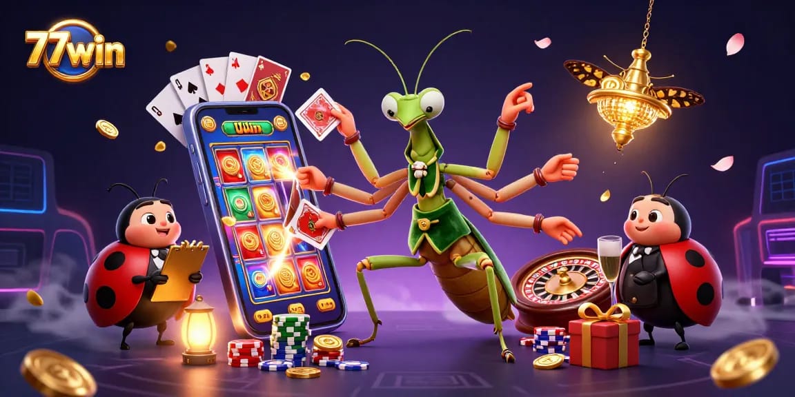 Experience excitement with 77win's vibrant casino scene featuring games, characters, and golden coins.